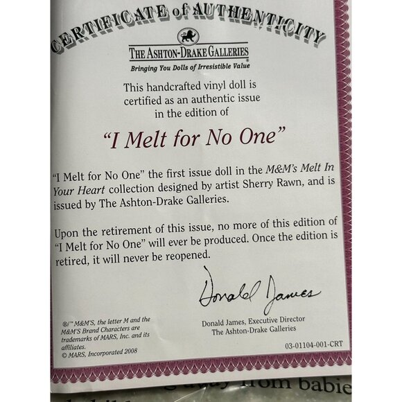 Ashton Drake Galleries "I Melt For No One" M&Ms Melt In Your Heart Vinyl Doll - Picture 5 of 9